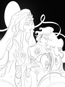 2girls absurdres artist_self-insert chinese_clothes commissioner_insert cookie_run cookie_run:_kingdom diamond_(gemstone) highres karsin2022 long_sleeves multiple_girls mystic_flour_cookie oc_x_canon pale_skin robe veil white_hair white_robe white_veil wide_sleeves