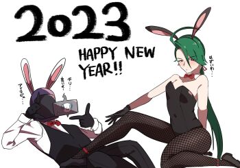 1boy 1girl 2023 animal_ears artist_self-insert black_leotard blush breasts chinese_zodiac cleavage dated english_text fake_animal_ears gen_4_pokemon green_hair happy_new_year helmet highres jewelry leotard long_hair looking_at_viewer low_ponytail new_year nintendo original pokemon pokemon_sv ponytail rabbit_ears red_eyes rika_(pokemon) ring rotom rotom_dex simple_background small_breasts tomboy translation_request uranosaxia white_background year_of_the_rabbit