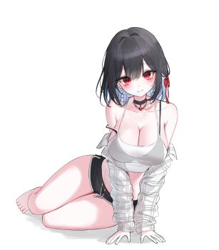 1girl absurdres bare_shoulders barefoot black_bra black_choker black_hair black_shorts boong0619 bra bra_visible_through_clothes breasts camisole choker cleavage closed_mouth collarbone commission crop_top dolphin_shorts drawstring full_body highres jacket large_breasts long_sleeves looking_at_viewer medium_hair micro_shorts midriff multicolored_hair off_shoulder original plaid_clothes plaid_jacket red_eyes second-party_source see-through_clothes see-through_shirt shirt shorts simple_background sitting sleeveless sleeveless_shirt smile solo spaghetti_strap strap_slip string_bra thighs two-tone_hair underwear white_background white_jacket white_shirt yokozuwari