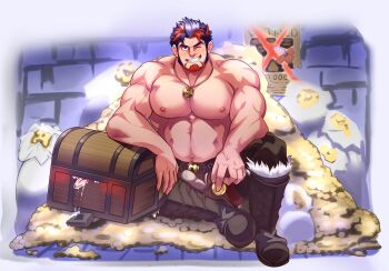 1boy bara beard belt belt_buckle blue_hair boots buckle coin crave_saga facial_hair gold_coin gold_necklace grin highres jewelry knee_boots large_pectorals male_focus mimic multicolored_hair muscular muscular_male necklace nipples one_eye_closed pectorals red_eyes short_hair sitting smile solo streaked_hair strongman_waist tesoro_(crave_saga) topless_male two-tone_hair xiongxiongood
