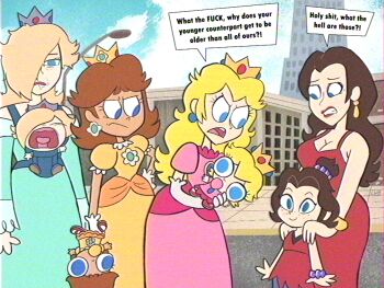 aged_down baby baby_carrier baby_daisy baby_peach baby_rosalina bare_shoulders blonde_hair blue_eyes breasts brown_hair cleavage crown crying donkey_kong_(series) donkey_kong_bananza dress drooling earrings flower_earrings gloves gold_earrings hair_over_one_eye highres jewelry lolwutburger long_hair mario_(series) mario_kart mouth_drool multiple_girls nintendo off_shoulder open_mouth orange_dress pacifier pauline_(mario) pauline_(young)_(mario) pink_dress princess_daisy princess_peach red_dress rosalina shoes short_hair short_sleeves silver_crown sleeveless toon_(style) upside-down white_gloves