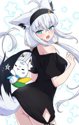 Rule 34 | 1girl, ahoge, animal ear fluff, animal ear piercing, animal ears, aqua eyes, ass, black hairband, black shirt, blush, commentary request, crossed bangs, flower, fox ears, fox girl, fox tail, hachiman tanuki, hair between eyes, hair flower, hair ornament, hairband, hands up, highres, hip vent, hololive, long hair, looking back, loungewear, low twintails, no panties, no pants, official alternate costume, official alternate hairstyle, open mouth, pentagram, shirakami fubuki, shirakami fubuki (loungewear), shirt, side-tie shirt, sidelocks, single off shoulder, solo, star (symbol), starry background, sukonbu (shirakami fubuki), t-shirt, tail, twintails, virtual youtuber, white background, white hair