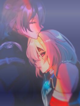 2boys anaxa_(honkai:_star_rail) artist_name bare_shoulders black_coat blue_eyes blurry blurry_background closed_eyes closed_mouth coat collarbone collared_coat couple curly_hair depth_of_field detached_sleeves eyepatch flins_(genshin_impact) bad_tag from_side genshin_impact green_hair hair_between_eyes hair_intakes hair_over_one_eye head_on_chest highres honkai:_star_rail honkai_(series) in-franchise_crossover leaning_forward leaning_on_person long_hair long_sleeves looking_at_another looking_at_viewer multiple_boys parted_lips red_eyes shade simple_background sleeveless smolboyart twitter_username yaoi