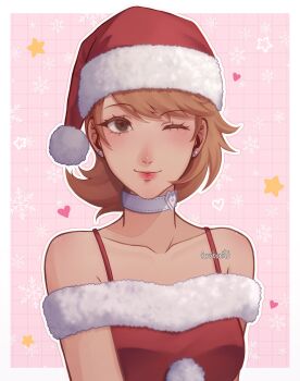 1girl absurdres artist_name bare_shoulders blush border brown_eyes brown_hair checkered_background choker christmas closed_mouth collarbone commentary dress earrings english_commentary eyelashes ferubonito flipped_hair fur-trimmed_dress fur-trimmed_headwear fur_trim hat heart heart_choker highres jewelry lips looking_at_viewer one_eye_closed outside_border persona persona_3 pink_background pink_lips pom_pom_(clothes) red_dress red_hat santa_costume santa_hat short_hair snowflakes solo star_(symbol) strap stud_earrings takeba_yukari twitter_username upper_body white_border white_choker