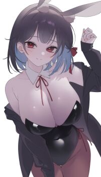 1girl absurdres animal_ears bare_shoulders black_hair black_jacket black_leotard blue_hair breasts brown_pantyhose cleavage closed_mouth colored_inner_hair commission covered_navel cowboy_shot detached_collar fake_animal_ears hairband hand_up highres jacket large_breasts leotard long_sleeves multicolored_hair myao_(o3o333) nail_polish neck_ribbon off_shoulder open_clothes open_jacket original pantyhose playboy_bunny rabbit_ears red_eyes ribbon second-party_source short_hair side-tie_leotard simple_background smile solo strapless strapless_leotard thigh_gap white_background
