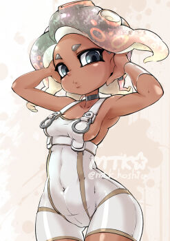 Rule 34 | 1girl, agent 8 (splatoon), armpits, arms up, artist name, bodysuit, breasts, cameltoe, collarbone, commentary request, covered navel, cowboy shot, dark-skinned female, dark skin, eyelashes, grey eyes, grey hair, medium breasts, medium hair, mutsuki (pixiv116518), nintendo, octoling, octoling girl, octoling player character, parted lips, sleeveless, sleeveless bodysuit, solo, splatoon (series), splatoon 3, splatoon 3: side order, standing, tentacle hair, thick eyebrows, twitter username, watermark, white bodysuit