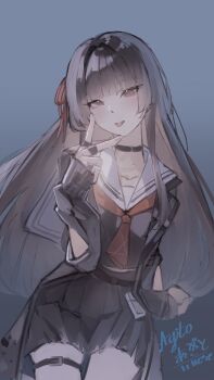 1girl :p absurdres agito_(agitoishere) arm_cutout black_choker black_hair black_jacket black_serafuku black_shirt black_skirt chisa_(wuthering_waves) choker clothing_cutout collarbone commentary cowboy_shot hair_ribbon hand_up highres jacket long_hair long_sleeves looking_at_viewer mole mole_under_eye neckerchief open_clothes open_jacket red_eyes red_neckerchief red_ribbon ribbon sailor_collar school_uniform serafuku shirt signature skirt solo thigh_strap thighs tongue tongue_out v white_sailor_collar wuthering_waves