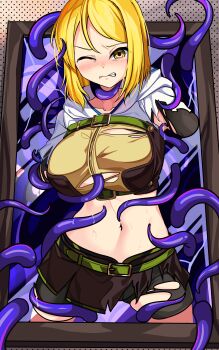 1girl absurdres belt black_shorts blonde_hair blush breasts brown_shirt brown_skirt commentary_request commission cowboy_shot crop_top cropped_jacket green_belt highres hunter_(ragnarok_online) jacket large_breasts looking_at_viewer midriff miniskirt navel nose_blush one_eye_closed pixiv_commission ragnarok_online sealed_in_painting shirt short_hair short_sleeves shorts shorts_under_skirt skirt solo tentacles torn_clothes torn_jacket torn_shirt torn_shorts torn_skirt white_jacket yasume_yukito yellow_eyes
