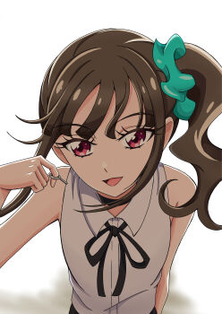 1girl :d absurdres aqua_scrunchie arm_at_side bare_arms bare_shoulders black_choker black_ribbon black_shorts blunt_bangs brown_hair chainsaw_man choker collared_shirt commentary cosplay eyelashes grenade_pin hair_ornament hair_scrunchie hand_up highres leaning_forward looking_at_viewer morishita_(moricuremori) neck_ribbon nekoyashiki_mayu open_mouth pink_eyes ponytail precure reze_(chainsaw_man) reze_(chainsaw_man)_(cosplay) ribbon scrunchie shirt shorts side_ponytail sleeveless sleeveless_shirt smile solo tsurime ueda_reina upper_body voice_actor_connection white_background white_shirt wonderful_precure!