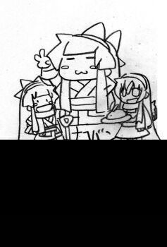 Rule 34 | 2girls, ainu clothes, breasts, camisole, chibi, dot eyes, fingerless gloves, food, gloves, hair ribbon, hairband, hand on own hip, highres, legs, long hair, monochrome, multiple girls, nakoruru, nomeno mizuha, open mouth, original, ribbon, samurai spirits, scarf, sketch, small breasts, smile, snk, statue, the king of fighters, thighs, tongue, traditional media, v