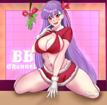 1girl bb_(fate) breasts fate/extra fate/extra_ccc fate/grand_order fate_(series) finger_to_mouth skin_fang gloves kneeling large_breasts long_hair midriff miniskirt mistletoe odj purple_hair red_eyes ribbon skirt smile thighs tv_screen very_long_hair white_gloves