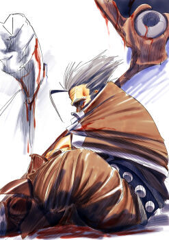 1boy belt black_belt blank_eyes blood blood_on_clothes blood_on_face blood_on_ground boots brown_boots brown_pants brown_shirt commentary_request feet_out_of_frame from_side grey_hair guilty_gear highres kliff_undersn male_focus old old_man pants shaded_face shirt short_hair sitting solo spiked_hair storyteller777 studded_belt tooth