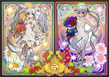 2girls bodysuit boots bouquet bow closed_mouth copyright_notice earrings flower grey_eyes hair_bow hand_on_own_hip holding holding_bouquet jewelry long_hair looking_at_viewer moreshan multiple_girls official_art purple_flower red_eyes red_flower short_hair single_earring smile tama_(wixoss) twintails ulith_(wixoss) white_bodysuit white_boots white_bow white_hair wixoss