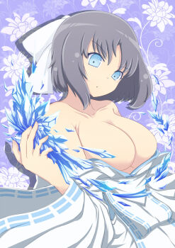10s 1girl bare_shoulders blue_eyes bow breasts cleavage collarbone cryokinesis female_focus grey_hair hair_bow highres huge_breasts ice japanese_clothes kimono large_breasts looking_at_viewer makumaxu ribbon senran_kagura senran_kagura_shinovi_versus short_hair solo yumi_(senran_kagura)