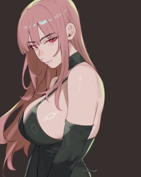 1girl alternate_costume black_dress blunt_bangs breasts closed_mouth commentary detached_sleeves dress english_commentary from_side grey_background highres hololive hololive_english large_breasts long_hair looking_at_viewer mori_calliope pink_eyes pink_hair pomuya sideboob sidelocks simple_background sleeveless sleeveless_dress smile solo upper_body virtual_youtuber