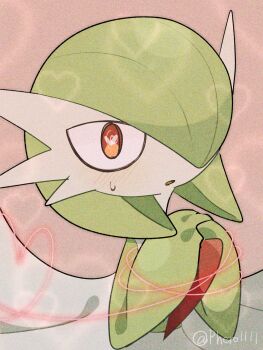 Rule 34 | 1girl, a-nya, artist name, blush, bob cut, colored skin, female focus, gardevoir, gen 3 pokemon, green hair, green skin, hair over one eye, hands up, heart, heart-shaped pupils, interlocked fingers, looking afar, multicolored skin, nintendo, one eye covered, open mouth, own hands together, pink background, pokemon, pokemon (creature), red eyes, short hair, signature, simple background, solo, string of fate, sweat, symbol-shaped pupils, twitter username, two-tone skin, upper body, white skin