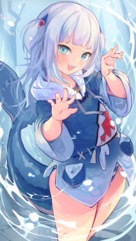 1girl absurdres blue_eyes blue_hair blue_hoodie blue_panties blunt_bangs claw_pose commentary cowboy_shot fins fish_tail gawr_gura gawr_gura_(1st_costume) haruka_kanata_(togassi1) highres hololive hololive_english hood hood_down hoodie long_sleeves looking_at_viewer medium_hair multicolored_hair no_pants open_mouth panties pantyshot shark_tail sharp_teeth smile solo streaked_hair striped_clothes striped_panties tail teeth two-tone_hair underwear upper_teeth_only v-shaped_eyebrows virtual_youtuber white_hair