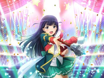Rule 34 | 1girl, blue eyes, blue hair, blunt bangs, confetti, fur-trimmed jacket, fur trim, game cg, green jacket, green skirt, holding, holding mace, holding weapon, jacket, jacket on shoulders, long hair, long sleeves, looking at viewer, mace, official art, open clothes, open jacket, open mouth, pleated skirt, red jacket, shirt, shoujo kageki revue starlight, shoujo kageki revue starlight -re live-, skirt, solo, stage lights, standing, tsuyuzaki mahiru, upper body, weapon, white shirt