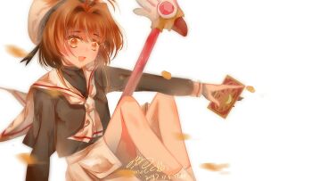 Rule 34 | 1girl, ankle socks, antenna hair, ascot, autumn leaves, beret, between fingers, black ribbon, black shirt, brown hair, card, card between fingers, cardcaptor sakura, chinese commentary, clow card, commentary request, eyelashes, feet out of frame, hair intakes, happy, hat, hat ribbon, highres, holding, holding card, kinomoto sakura, knees, knees up, leaf, light blush, light particles, long sleeves, miniskirt, muriel miaoke, open mouth, orange eyes, painttool sai (medium), pleated skirt, ribbon, sailor collar, school uniform, shirt, short hair with long locks, sidelocks, simple background, skirt, smile, socks, solo, tomoeda elementary school uniform, turtleneck, turtleneck shirt, wand, white ascot, white background, white hat, white sailor collar, white skirt, white socks, wind