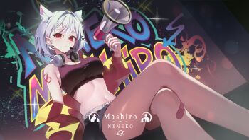 1girl absurdres animal_ear_fluff animal_ears bandaid bandaid_on_leg black_nails black_shorts black_sports_bra breasts brown_jacket cat_ears cat_girl chann837 character_name closed_mouth copyright_name crossed_legs dutch_angle feet_out_of_frame fingernails graffiti grey_hair hair_intakes hair_ornament hairclip hand_up hashtag-only_commentary headphones headphones_around_neck headset highres holding holding_megaphone jacket jacket_partially_removed large_breasts long_sleeves looking_at_viewer megaphone nail_polish navel neneko_mashiro no_shirt red_eyes short_hair shorts sitting solo sports_bra stellive stomach virtual_youtuber x_hair_ornament