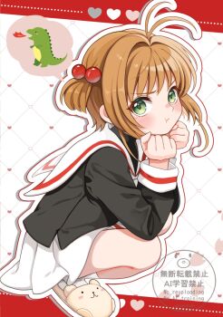 1girl :t black_shirt blush brown_hair cardcaptor_sakura child closed_mouth green_eyes hair_ornament heart highres kinomoto_sakura long_sleeves medium_hair momo-tako neckerchief sandals school_uniform shirt simple_background skirt solo tomoeda_elementary_school_uniform white_neckerchief white_skirt