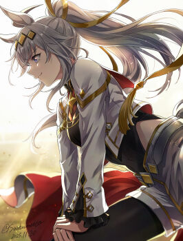 1girl aiguillette artist_name black_pantyhose black_shirt blue_eyes clothing_cutout commentary_request cropped_jacket dated frilled_sleeves frills from_side grey_hair grey_shorts hair_ribbon highres hip_vent horse_girl jacket leaning_forward light_particles oguri_cap_(umamusume) pantyhose ponytail ribbon sashiumito shirt shorts sleeves_past_wrists smile solo umamusume umamusume:_cinderella_gray white_jacket