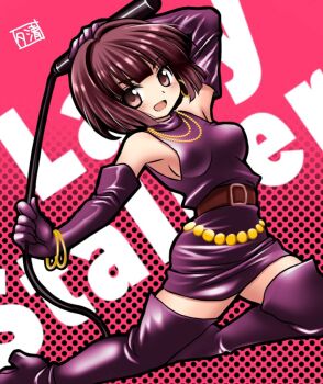 arm_up armpits belt belt_buckle black_boots black_dress black_gloves bob_cut boots bracelet breasts brown_belt brown_eyes brown_hair buckle commentary_request copyright_name dress elbow_gloves full_body gloves gold_bracelet gold_necklace high_heel_boots high_heels holding holding_whip jewelry lady_(lady_stalker) lady_stalker:_kako_kara_no_chousen looking_at_viewer medium_breasts multiple_bracelets necklace open_mouth pink_background short_dress short_hair sideboob signature sleeveless sleeveless_dress smile thigh_boots thighhighs whip yukiyo_kato zettai_ryouiki