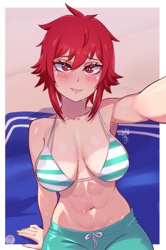 1girl abs aizawa_tomo armpit_crease artist_logo beach beach_towel bikini blush border breasts breasts_apart closed_mouth collarbone commentary cowboy_shot english_commentary eyelashes fang fang_out fingernails green_bikini green_shorts hair_between_eyes highres hitto_hito large_breasts lips logo looking_at_viewer medium_hair navel navel_piercing nose outside_border piercing red_eyes red_hair selfie shorts sidelocks signature sitting solo swimsuit tomboy tomo-chan_wa_onna_no_ko toned toned_female towel wet white_border