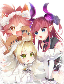 Rule 34 | 3girls, animal hands, blue eyes, bright pupils, cat hair ornament, choker, commentary request, elizabeth bathory (fate), eyelashes, fate/extra, fate/extra ccc, fate/grand order, fate (series), gloves, green eyes, hair ornament, highres, horns, lock, long hair, maid headdress, multiple girls, nero claudius (fate), open mouth, padlock, paw gloves, pink hair, pointy ears, purple horns, reirou (chokoonnpu), tamamo cat (fate), white pupils