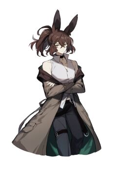 1boy alternate_costume animal_ear_fluff animal_ears bare_shoulders belt belt_buckle black_belt black_choker black_pants brown_coat brown_eyes brown_hair buckle choker closed_mouth coat crossed_arms dragalia_lost dragalinuka long_sleeves looking_at_viewer male_focus off_shoulder pants ponytail rabbit_ears shirt sleeveless sleeveless_shirt solo sylas_(dragalia_lost) white_background