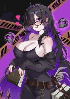 1girl absurdres bags_under_eyes bare_shoulders belt black-framed_eyewear black_cardigan black_dress black_hair blush book breasts brown_belt cardigan cardigan_partially_removed caution_tape cleavage collarbone colored_inner_hair dress drooling floating_skull glasses goddess_of_victory:_nikke hair_over_one_eye heart highres holding holding_book label_(nikke) large_breasts long_hair looking_at_viewer mole mole_on_breast mouth_drool multicolored_hair open_mouth purple_eyes purple_hair purple_streaks smile solo stuffed_animal stuffed_rabbit stuffed_toy sweat taut_clothes taut_dress two-tone_hair vavamva very_long_hair