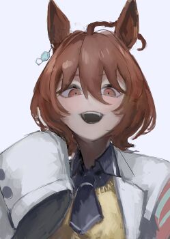 1girl absurdres agnes_tachyon_(tach-nology)_(umamusume) agnes_tachyon_(umamusume) ahoge animal_ears blush brown_hair chemical_structure coat commentary_request earrings hair_between_eyes highres horse_ears horse_girl jewelry lab_coat long_sleeves looking_at_viewer murase_uo necktie open_mouth red_eyes shirt short_hair short_necktie simple_background single_earring sleeves_past_fingers sleeves_past_wrists smile solo sweater sweater_vest teeth umamusume upper_body white_coat wolf_cut yellow_sweater yellow_sweater_vest