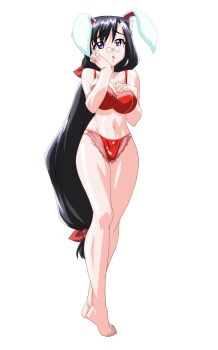 1girl animal_ears anime_coloring barefoot black_hair bra breasts cleavage collarbone fake_animal_ears full_body game_asset glasses hair_ribbon hand_on_own_chest hand_on_own_face highres large_breasts large_variant_set lingerie long_hair looking_up low_ponytail machimura_sakuya mahotama maki_daikichi navel official_art panties ponytail purple_eyes rabbit_ears raised_inner_eyebrows red_bra red_panties red_ribbon ribbon simple_background solo standing tachi-e tareme third-party_source transparent_background underwear underwear_only variant_set very_long_hair