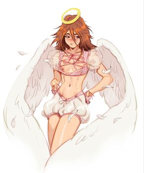 1boy angel_devil_(chainsaw_man) angel_wings blush brown_hair chainsaw_man commentary cropped_legs english_commentary feathers halo highres long_hair male_focus navel nipples puffy_short_sleeves puffy_sleeves ripushko see-through_clothes see-through_sleeves short_sleeves shorts simple_background solo white_shorts white_wings wings