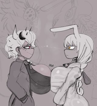 2girls absurdres alternate_form anger_vein angry animal_ears ass beelzebub_(helltaker) black_souls black_souls_2 bow bowtie braid braided_ponytail breast-to-breast breast_press breasts bug business_suit character_background clock_necklace clockwork crossover demon demon_girl demon_horns earrings eye_contact faceoff floppy_ears fly formal_clothes freckles from_side hands_in_pockets helltaker highres horns huge_ass huge_breasts insect jewelry khadhunter7 large_breasts lightning_glare long_hair looking_at_another monster monster_girl multiple_girls node_(black_souls) rabbit_ears rabbit_girl red_eyes rivalry robe short_hair single_braid sketch smug sound_effects source_request suit symmetrical_docking third-party_source upper_body very_long_hair vest waistcoat white_hair white_horns yellow_eyes