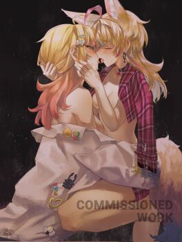 2girls after_kiss ahoge animal_ear_fluff animal_ears blonde_hair blush breasts choker closed_eyes earrings fox_ears fox_girl fox_tail french_kiss green_eyes hair_ornament hairclip hand_in_another&#039;s_hair hand_on_another&#039;s_face heart highres hololive jacket jacket_on_shoulders jewelry kiss legzy long_hair looking_at_another medium_breasts momosuzu_nene multicolored_hair multiple_girls naked_shirt no_bra official_alternate_costume omaru_polka open_clothes open_mouth open_shirt pink_hair plaid_clothes plaid_shirt saliva saliva_trail shirt tail tongue tongue_out virtual_youtuber watermark yuri