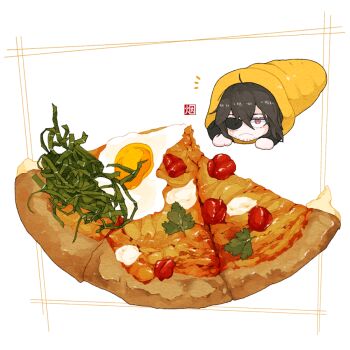 1boy aizawa_shota black_hair boku_no_hero_academia brown_eyes chibi egg_(food) eyepatch food food_focus fried_egg in_food male_focus pizza scar scar_across_eye scar_on_face solo yun_muffin