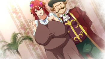 1boy 1girl arika_(bakunyuu_party) ascot bakunyuu_party balding beret blurry blurry_background bow breast_suppress breasts bright_background brown_dress brown_hair bulge coat crew_neck dress dutch_angle facial_hair fat fat_man fat_woman game_cg gem gigantic_breasts green_gem green_hat green_pants hair_between_eyes hair_bow hair_intakes hat heart light_blush light_smile long_coat long_dress long_hair looking_at_viewer loving_aura mustache open_clothes open_coat open_mouth pants parted_lips pregnant purple_shirt red_coat red_hair shirt shirt_under_dress sidelocks smile split_ponytail standing takeda_hiromitsu three-quarter_sleeves ugly_bastard waving white_ascot white_shirt yellow_bow