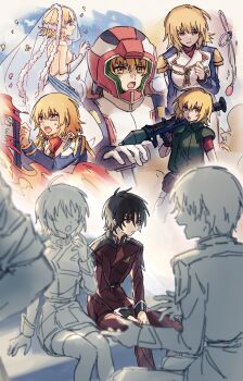 Rule 34 | ahoge, armor, black hair, breasts, brother and sister, cagalli yula athha, compass uniform, crying, dress, fire, gundam, gundam seed, gundam seed destiny, gundam seed freedom, helmet, highres, holding, holding rocket launcher, holding weapon, jewelry, kira yamato, long sleeves, lunamaria hawke, m1 bazooka, mecha, mecha pilot suit, military, military uniform, multiple boys, multiple girls, necklace, normal suit (gundam), open mouth, pilot, red eyes, robot, rocket launcher, science fiction, shinn asuka, shiro kunugi, short hair, siblings, skirt, smile, thighhighs, twins, weapon, wedding dress