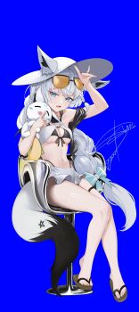 1girl absurdres ahoge alternate_costume alternate_hairstyle animal_ears anizi aqua_eyes arm_up bikini black_bikini blue_background blue_bow bow braid braided_ponytail breasts cleavage commentary_request double-parted_bangs ears_through_headwear eyewear_on_head feet fox_ears fox_girl fox_shadow_puppet fox_tail front-tie_bikini_top front-tie_top full_body hair_between_eyes hair_bow hat highleg highleg_bikini highres hololive layered_bikini long_hair low_ponytail medium_breasts navel o-ring o-ring_top on_stool open_mouth pentagram ponytail semi-rimless_eyewear shirakami_fubuki side_braid simple_background sitting slippers solo stomach sukonbu_(shirakami_fubuki) sun_hat sunglasses swimsuit tail thigh_strap tinted_eyewear toes very_long_hair virtual_youtuber white_bikini white_hair white_hat wide_brim yellow-tinted_eyewear