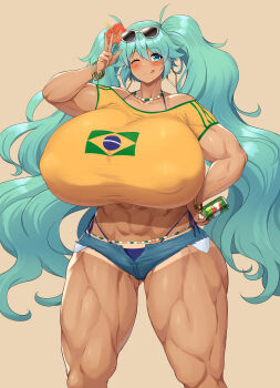 1girl abs bare_shoulders blue_eyes blue_hair blue_panties blush brazilian_flag brazilian_miku breasts brown_background covered_erect_nipples cowboy_shot daien dark-skinned_female dark_skin denim denim_shorts female_focus gigantic_breasts hatsune_miku long_hair midriff muscular muscular_female one_eye_closed panties shirt shorts solo standing sunglasses_on_head tan tanline thick_thighs thighs twintails underwear v v_over_eye very_long_hair vocaloid whale_tail_(clothing) wink yellow_shirt