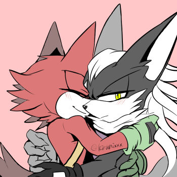 2boys animal_ears animal_nose artist_name avatar_(sonic_forces) black_fur black_gloves blush closed_eyes closed_mouth fingernails furry gadget_the_wolf gloves green_gloves half-closed_eyes hug infinite_(sonic) jackal_boy kirunix long_fingernails looking_at_viewer male_focus multiple_boys pink_background red_fur sharp_fingernails simple_background smile snout sonic_(series) sonic_forces tail twitter_username two-tone_fur upper_body white_fur wolf_boy yellow_eyes