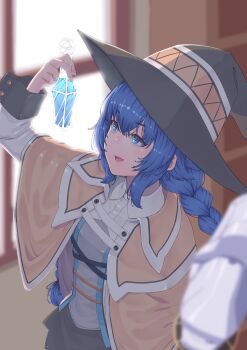 1girl absurdres blue_eyes blue_hair braid brown_cape cape commentary flask hat highres holding holding_flask indoors large_hat long_braid long_hair moga_(vdvk3434) mushoku_tensei open_mouth roxy_migurdia solo twin_braids witch_hat