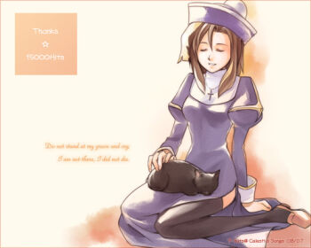 1girl animal animal_on_lap black_cat black_thighhighs cat cat_on_lap celestial_s closed_eyes commentary_request cross cross_necklace dress english_text full_body hat jewelry juliet_sleeves long_sleeves lowres medium_hair milestone_celebration necklace on_lap petting priest_(ragnarok_online) puffy_sleeves purple_dress purple_hat qingdai_guanmao ragnarok_online side_slit smile solo thighhighs