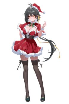 1girl absurdres alternate_costume antenna_hair bell black_hair black_thighhighs bow bowtie breasts capelet cleavage closed_mouth colored_inner_hair commentary_request dress earrings female_rover_(wuthering_waves) full_body green_bow green_bowtie hair_ornament hair_ribbon hairclip hand_on_own_hip hat highres jewelry large_breasts long_hair looking_at_viewer low_ponytail multicolored_hair parallel_hairclips ponytail red_capelet red_dress ribbon rkin rover_(wuthering_waves) santa_costume santa_hat simple_background smile solo strapless strapless_dress thighhighs thighs triangle_earrings white_background white_hair wuthering_waves yellow_eyes yellow_ribbon