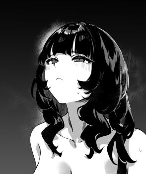 1girl absurdres black_background blunt_bangs blush closed_mouth commentary english_commentary gradient_background grey_background greyscale half-closed_eyes highres long_hair looking_afar looking_up lynus meme monochrome naoko_(lynus) nude original portrait simple_background solo sweatdrop upward_angle_frieren_drawing_(meme) variant_set