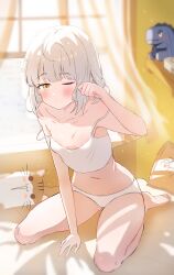 Rule 34 | 1girl, absurdres, arm support, bare legs, bare shoulders, barefoot, blunt bangs, blush, breasts, camisole, closed mouth, collarbone, crop top, cushion, highres, mattayi2, medium hair, messy hair, midriff, morning, navel, on bed, one eye closed, original, panties, sitting, small breasts, strap slip, stuffed toy, thighs, underwear, underwear only, waking up, wariza, white camisole, white hair, white panties, window, yellow eyes
