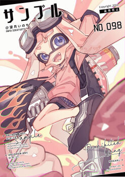 1girl :d absurdres arm_up black_shoes black_shorts blue_eyes blush fangs foot_out_of_frame highres ink_tank_(splatoon) inkling inkling_girl inkling_player_character long_hair long_sleeves looking_at_viewer mochizuki_inochi nintendo open_mouth pink_hair pink_shirt range_blaster_(splatoon) sample_watermark shirt shoes shorts smile sneakers solo splatoon_(series) standing standing_on_one_leg tentacle_hair thick_eyebrows watermark