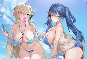 2girls absurdres ahoge alternate_breast_size_(larger) alternate_costume ass ball beachball bikini blonde_hair blowing_bubble_gum blue_bikini blue_eyes blue_hair blue_sky blush breasts cellphone chewing_gum closed_mouth collarbone commentary day earrings hair_between_eyes hido_(cherryhido) highres holding holding_ball holding_beachball holding_phone huge_breasts iuno_(wuthering_waves) jewelry large_breasts long_hair looking_at_viewer looking_to_the_side lynae_(wuthering_waves) multicolored_hair multiple_girls nail_polish navel outdoors phone recording sky smartphone smile star_(symbol) star_earrings stomach streaked_hair swimsuit turning_head twintails untranslatable_commentary v wuthering_waves