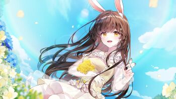 Rule 34 | 1girl, animal ear fluff, animal ears, blue flower, blue sky, bow, bow earrings, breasts, brown hair, bug, butterfly, center frills, cloud, commentary request, dabi (15dldl15), dress, earrings, falling petals, flower, frilled skirt, frills, hair flower, hair ornament, hairclip, highres, insect, jewelry, korean commentary, large breasts, long hair, off-shoulder dress, off shoulder, official art, open mouth, outdoors, parallel hairclips, petals, rabbit ears, see-through clothes, see-through skirt, see-through sleeves, seto kinako, skirt, sky, solo, vi, virtual youtuber, yellow dress, yellow eyes, yellow flower